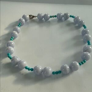 Handcrafted Light Gray and Teal Beaded Necklace